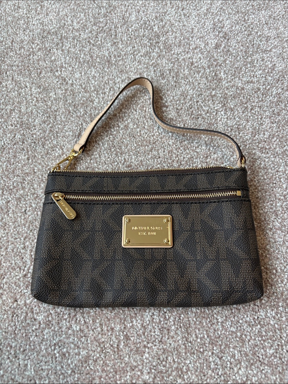 Michael Kors Dark Brown Signature Wristlet with Gold Hardware